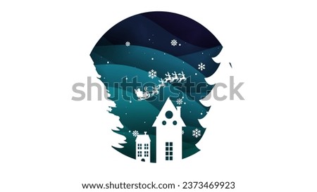 Santa Riding In Sledge With Reindeer.Landscape with snow-filled areas.3d abstract pastel paper cut illustration of winter landscape with cloud,pines and mountains.house and santa claus flying