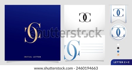 a set of business cards with the letter CC Luxury Initial Letters C and C Logos Designs in Blue Colors for branding ads campaigns, letterpress, embroidery, covering invitations, envelope sign symbols