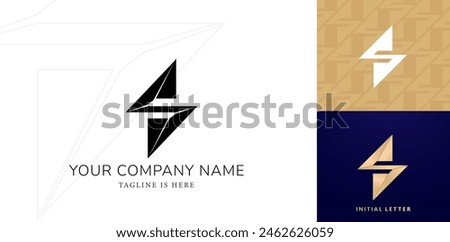 letter s a lightning bolt logo design with a gold and black backgrounds for company logo icon element, personal names, business, fashion, branding company identity, advertisement materials golden foil