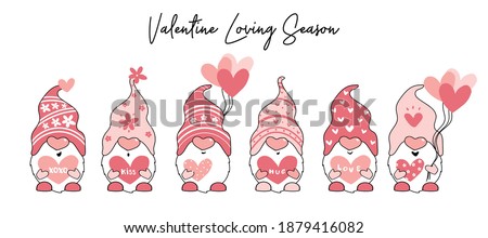cute Valentine Gnome in pink with heart balloon and letter, cartoon flat vector illustration 