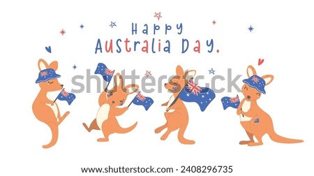 Group of Australia day baby kangaroos cartoon animal with balloons and flag, Aussie animal wildlife hand drawing