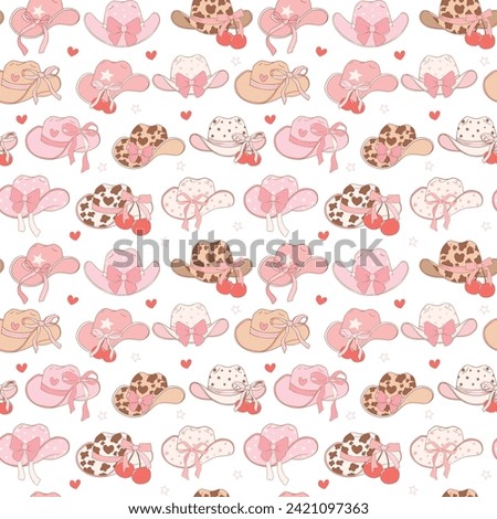 Coquette Pink cowgirl hat pattern seamless, Girly Western Digital Paper isolated on white background.