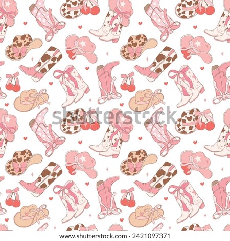 Coquette Pink cowgirl Boots and hat pattern seamless, Girly Western Digital Paper isolated on white background.