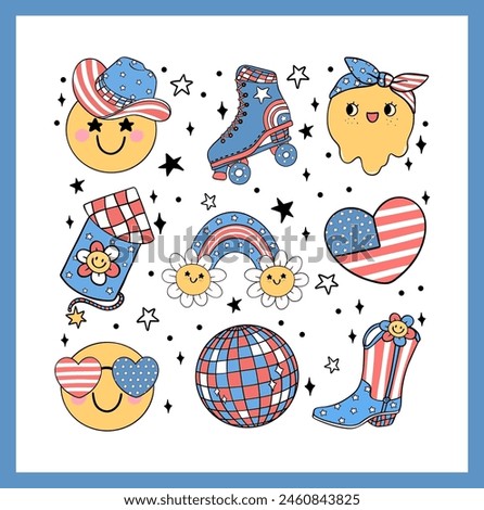 Groovy 4th of July happy smile face emoji Retro Cartoon Trendy doodle collection idea for Shirt Sublimation printing