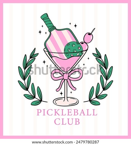 Retro preppy Pickleball Vector Trendy girly club Doodle Drawing