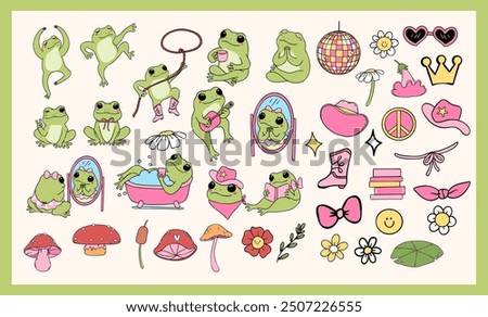 Retro Frogs self love element clipart set Groovy drawing 