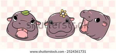 cute grumpy baby pygmy hippo moo deng face banner cartoon character collection