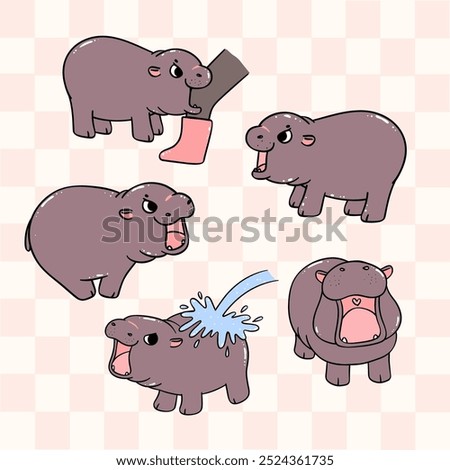 cute grumpy baby pygmy hippo moo deng cartoon character collection