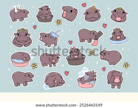 Grumpy Baby Pygmy Hippo Playful bouncy pig Cartoon Hand Drawn Doodle Sticker Sheet