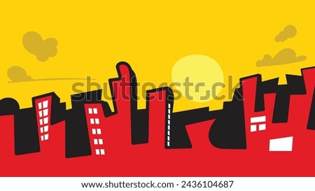 Silhouette of an urban cityscape with sun and clouds plus space for text