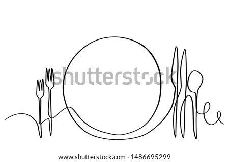 Continuous line art or one line A drawing of the plate, knife, and fork. hand-drew vector illustrations, utensils,