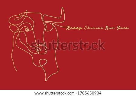 Chinese new year 2021 year of the cow, red and gold line art character, simple hand drawn asian elements with craft style on background. (Chinese translation: Happy chinese new year 2021, year of cow)