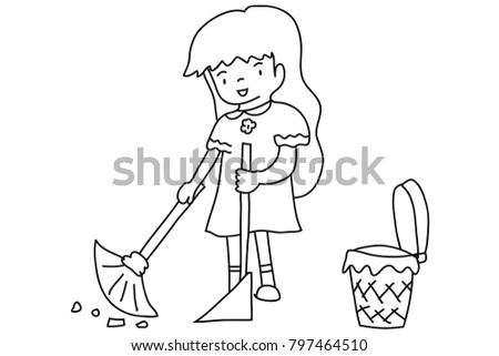 Vector Hand Drawn The Girl Sweeps House Cleaning Woman