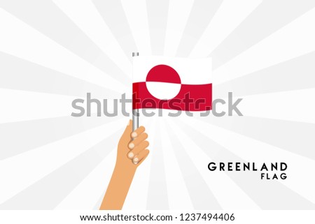 Vector cartoon illustration of human hands hold Greenland flag. Isolated object on white background.