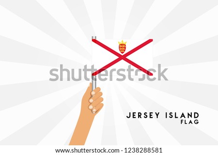 Vector cartoon illustration of human hands hold Jersey Channel İslands flag. Isolated object on white background.