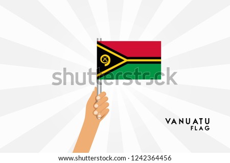 Vector cartoon illustration of human hands hold Vanuatu flag. Isolated object on white background.