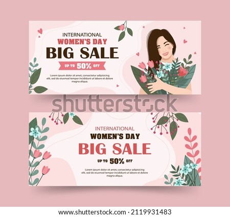 The concept of international women's day. Horizontal banners with a girl and flowers on a pink background. Sale. Up to 50% off. Vector illustration.