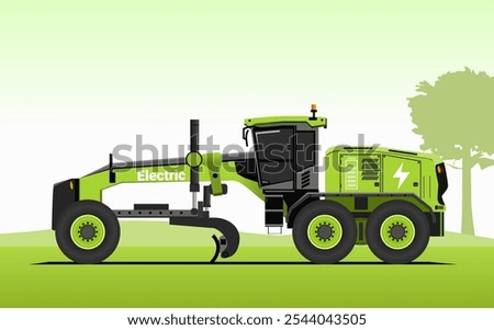 Battery electric large 35 ton mining Motor Grader. Flat vector illustration with green quarry silhouette background. Electrification in mining.