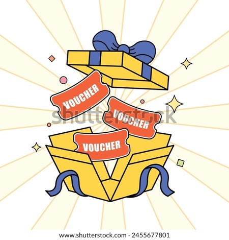 Gift box illustration, open box with voucher flying out, cartoon style. Vector illustration. 2D flat design.