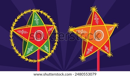 Star lantern, Mid-Autumn Festival, traditional Vietnamese handcraft lantern, Den Ong Sao , moon festival clip art. Vector illustration, 3D art. Cartoon style.