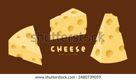 Cheese slice vector collection, maasdam, flat design, cartoon style, 3D art, yellow cheese icons, gourmet. Vector illustrations.