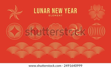 Chinese New Year Icons vector set, Vector illustration of golden apricot, cloud, lantern, coin, hoa mai, blossom. Elegant oriental illustration for cover, banner, website, calendar, envelope. Line art