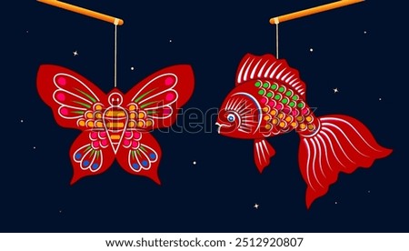 Fish, butterfly lantern, Mid-Autumn Festival, traditional Vietnamese handcraft lantern, moon festival clip art. Vector illustration, 3D art. Cartoon style.