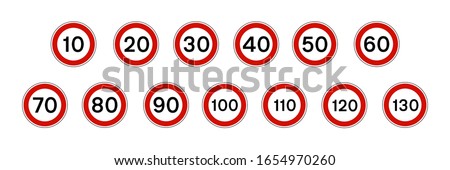 Speed limit icon isolated on white background. Set of red road signs of 10, 20, 30, 40, 50, 60, 70, 80, 90, 100, 110, 120, 130 km/h