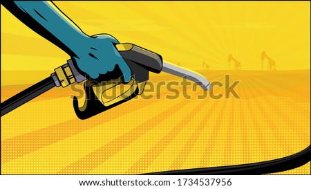 Man's Hand Holding Empty Yellow Petrol Pump In The Warm Desert. Pump jacks Oil Wells Silhouette In Background. Petrol Price, Industry, Oilfield, Prices Per Barrel Concept. Cartoon Vector Illustration