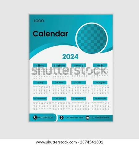 2024 wall calendar design template, modern 12 month calendar design template
