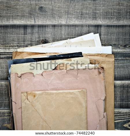 Old stack of envelopes with paper. Closeup