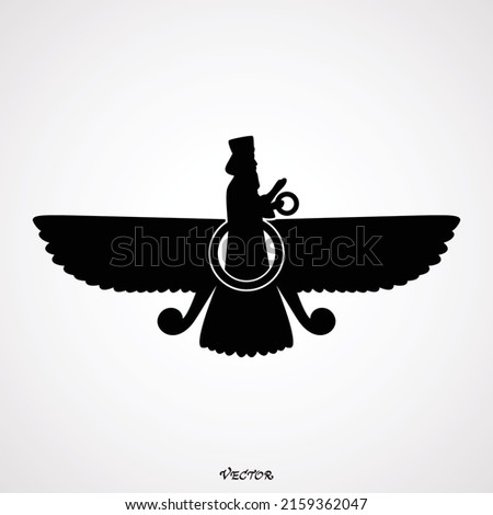 Vector symbol of Zoroastrianism religion, monochrome icon with ancient sumerian symbol Faravahar for your project