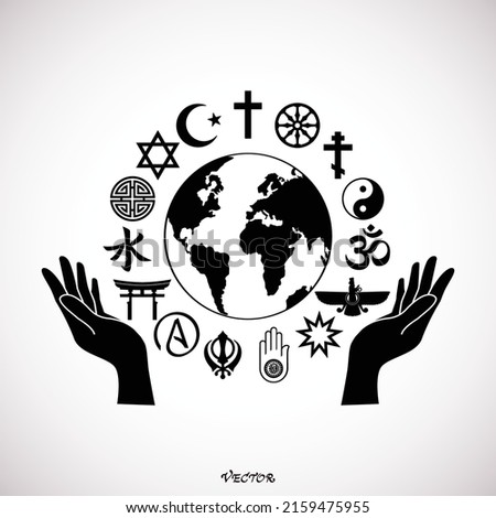 	
World Religious Symbols with Open Hands and Earth Globe Silhouette