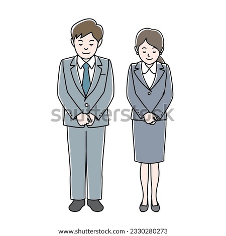 Apology, men and women in suits to bow,Vector Illustration.
 full body office worker front view