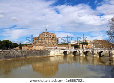 Sant\'Angelo (St. Angel) Castle and Bridge over the Tiber river in Rome, Italy