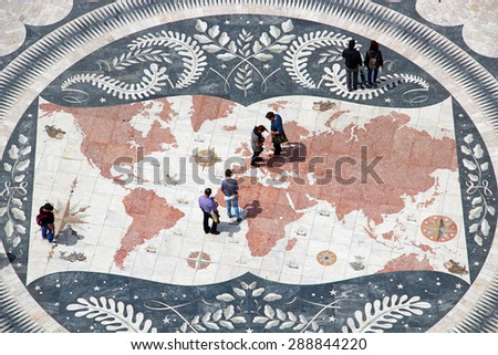 LISBON, PORTUGAL - JUNE 10, 2013: Mosaic map viewed from the top of the Monument to Discoveries in Belem