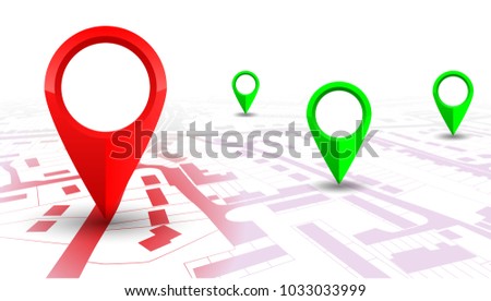 Red GPS navigator pointer on city map, from place to place – vector