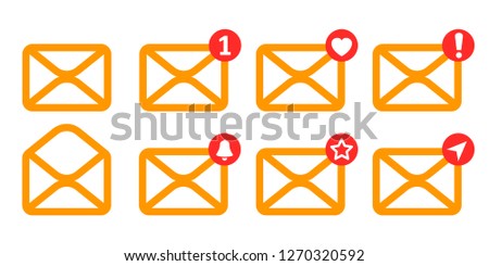 Set yellow letters icon with new, like, send and ather messages - stock vector