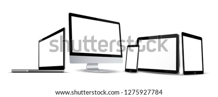 Set technology devices with white display, view from the side - stock vector