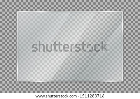 Glass plate on transparent background, clear glass showcase, realistic window mockup, acrylic and glass texture with glares and light, realistic transparent glass window in rectangle frame – vector