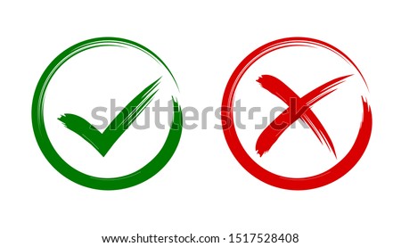 Check mark, tick and cross brush signs, green checkmark OK and red X icons, symbols YES and NO button for vote, decision, election choice, web - stock vector