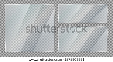 Set glass plate on transparent background, clear glass showcase, realistic transparent window mockup in rectangle frame, glass texture with glares and light - vector