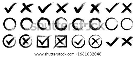 Set hand drawn check mark, tick and cross brush signs, checkmark OK and X icons, symbols YES and NO button, checkbox chalk icons, sketch checkmarks, checklist marks - stock vector