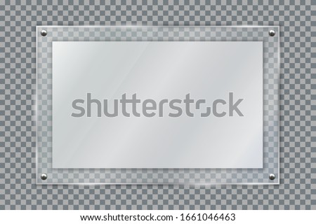 Blank poster in 3d realistic glass frame hanging on wall isolated on transparent background. Empty photo frame template, banner plexiglass holder mock-up, rectangular name plate - stock vector