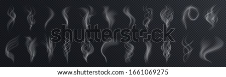 Set of realistic transparent smoke or steam isolated in white and gray colors, fog and mist effect. Collection of white smoke steam, waves from tea, coffee, hot food, cigarettes - stock vector