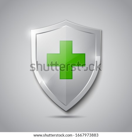 Medical health protection shield with cross. Healthcare medicine protected steel guard shield concept. Safety badge steel icon. Security safeguard metal label - stock vector