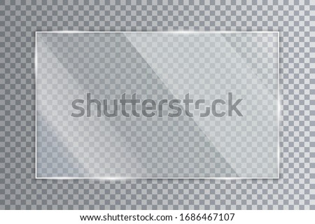 Glass plate on transparent background, clear glass showcase, realistic window mockup, acrylic and glass texture with glares and light, realistic transparent glass window in rectangle frame – for stock