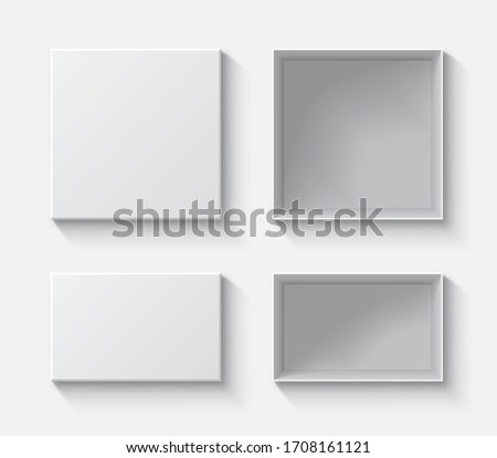 Set open and close gift boxes, white square box top view, container mockup, empty carton package, realistic paper box - stock vector