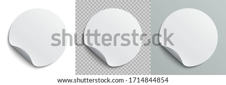 Set circle adhesive symbols. White tags, paper round stickers with peeling corner and shadow, isolated rounded plastic mockup,  realistic set round paper adhesive sticker mockup with curved corner