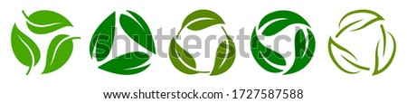 Set of biodegradable recyclable plastic free package icon, recycle leaves label logo template. Set of green leaf recycle, means using recycled resources, recycling signs, recycle collection icon